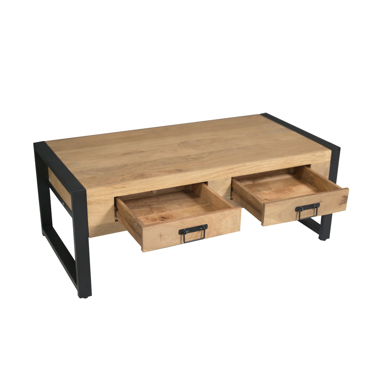 Salontafel met twee lades, open lades met metalen handgrepen.