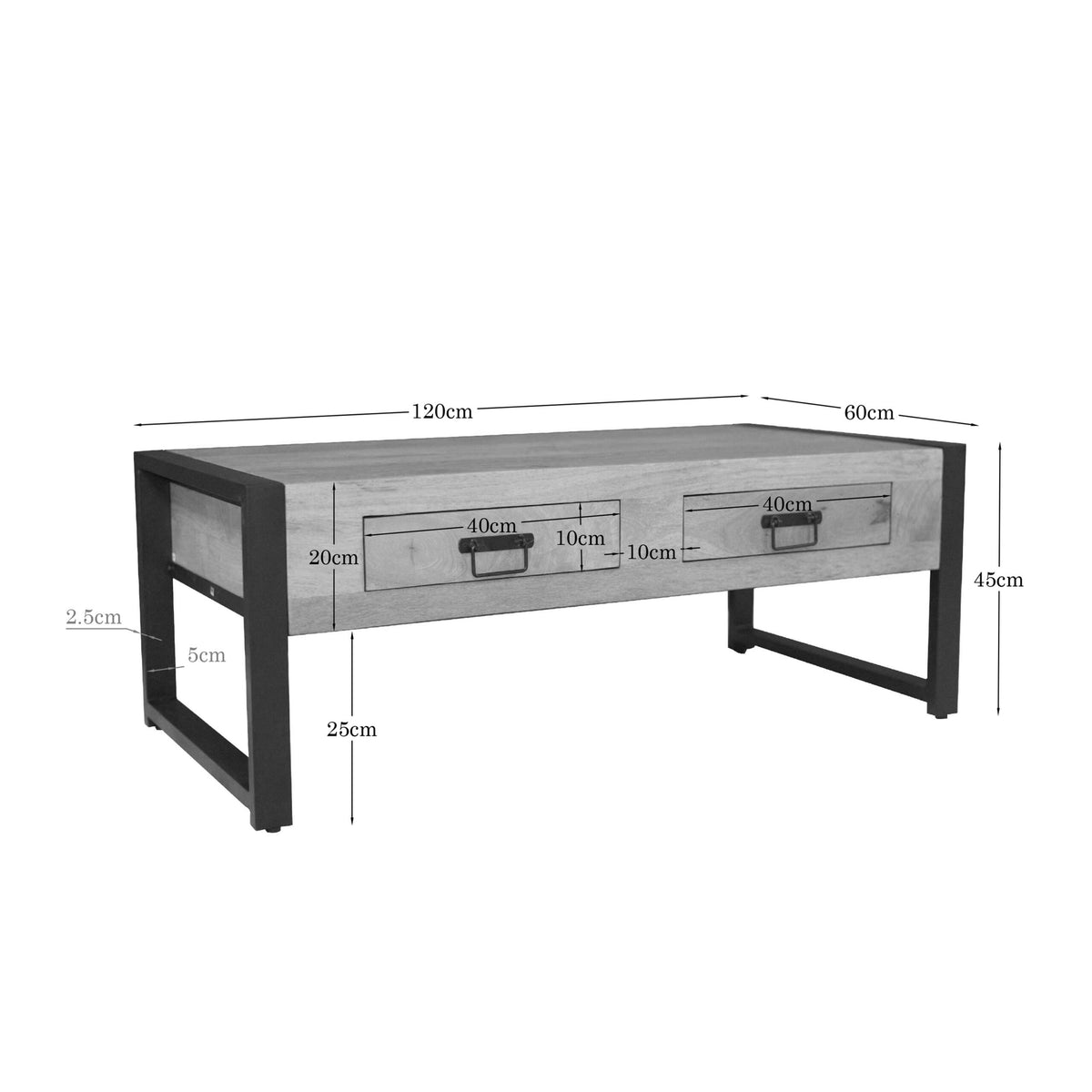 Salontafel met twee lades, licht hout en zwart metalen frame met handgrepen.