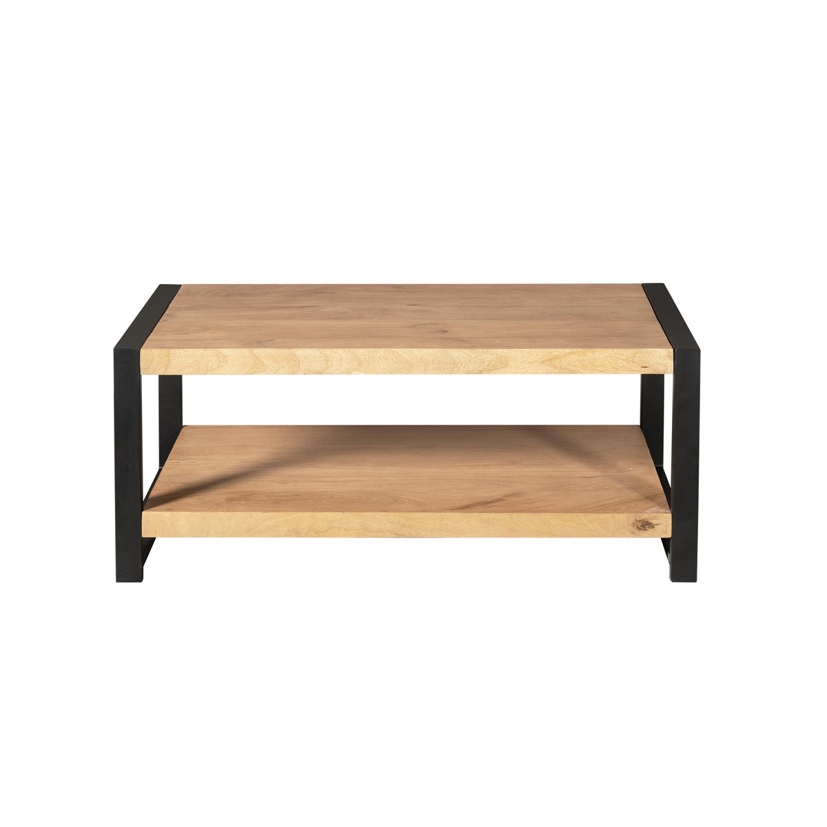 Salontafel met licht houten blad en zwart onderframe, open tussenschap