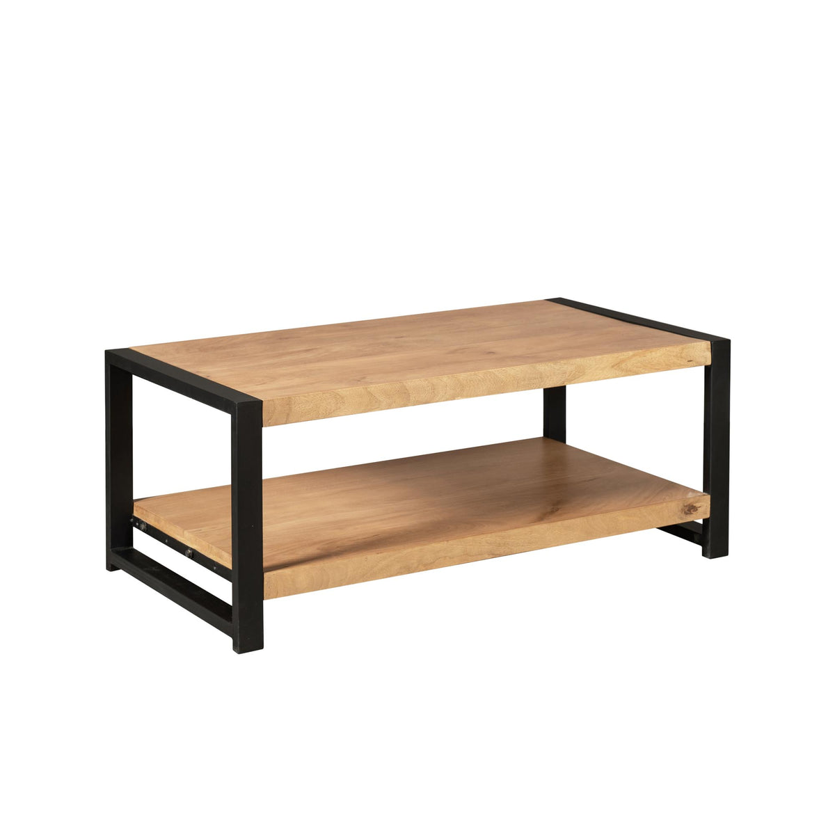 Salontafel met rechthoekig licht houten blad, zwart metalen poten en open plank