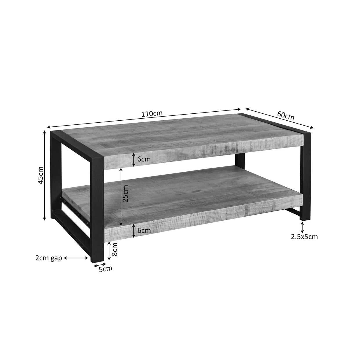 Salontafel 110×60 cm met grijs blad en open tussenschap, zwart frame