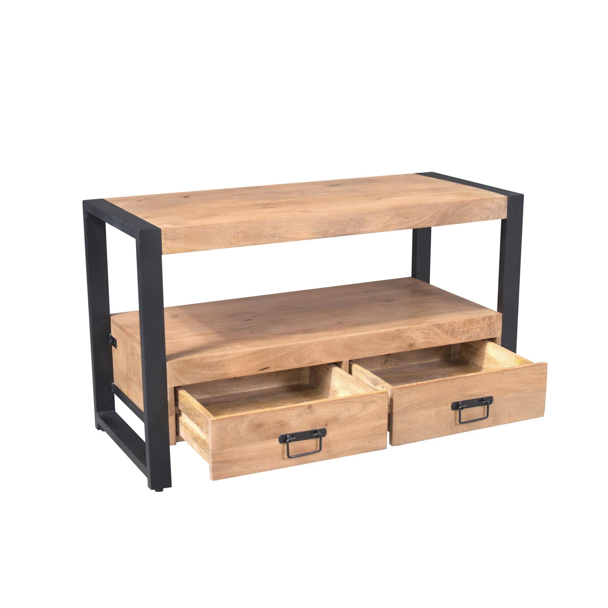 Tv-meubel met open vak en twee laden, licht hout met zichtbare handgrepen en zwart frame