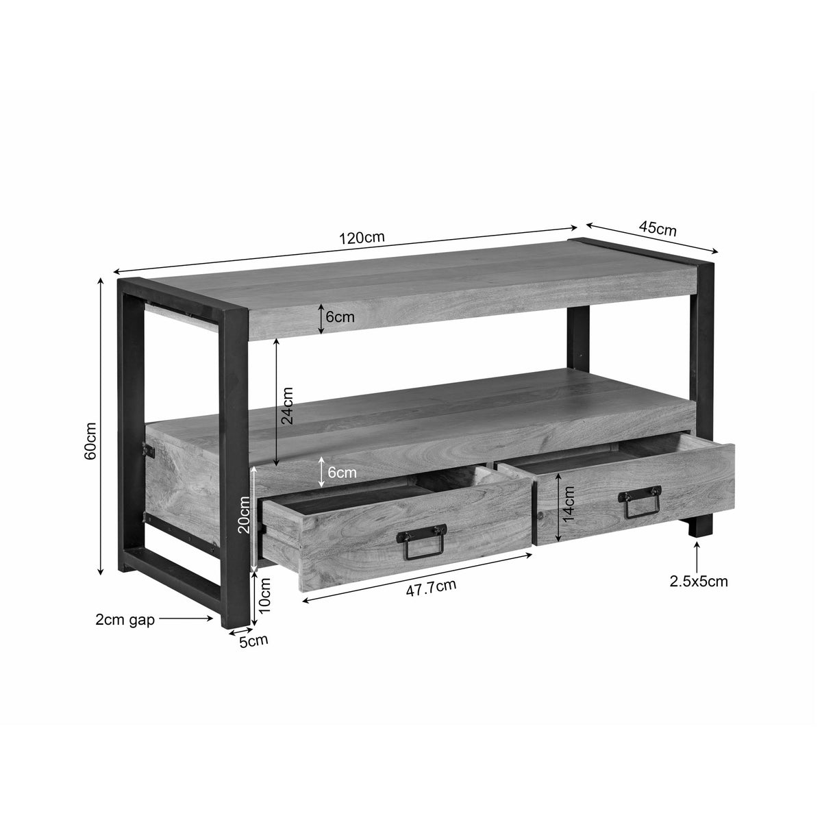 Tv-meubel met maatvoering, zwart frame en licht houten blad met twee laden
