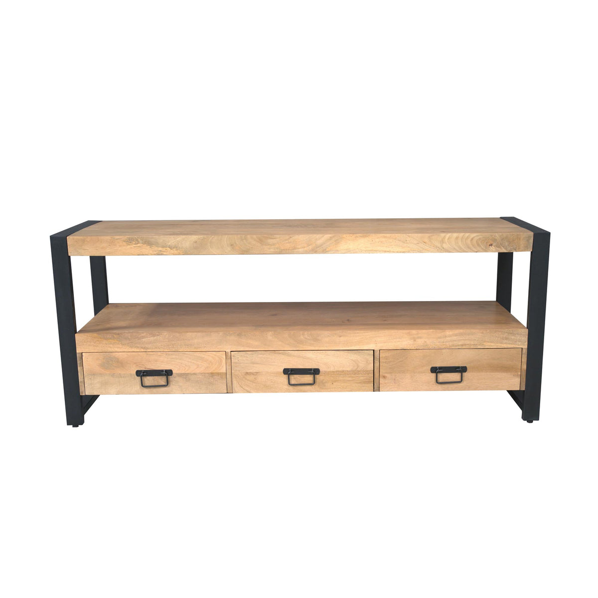Tv-meubel Britt 150 cm, eikenlook blad, drie lades met zwarte grepen