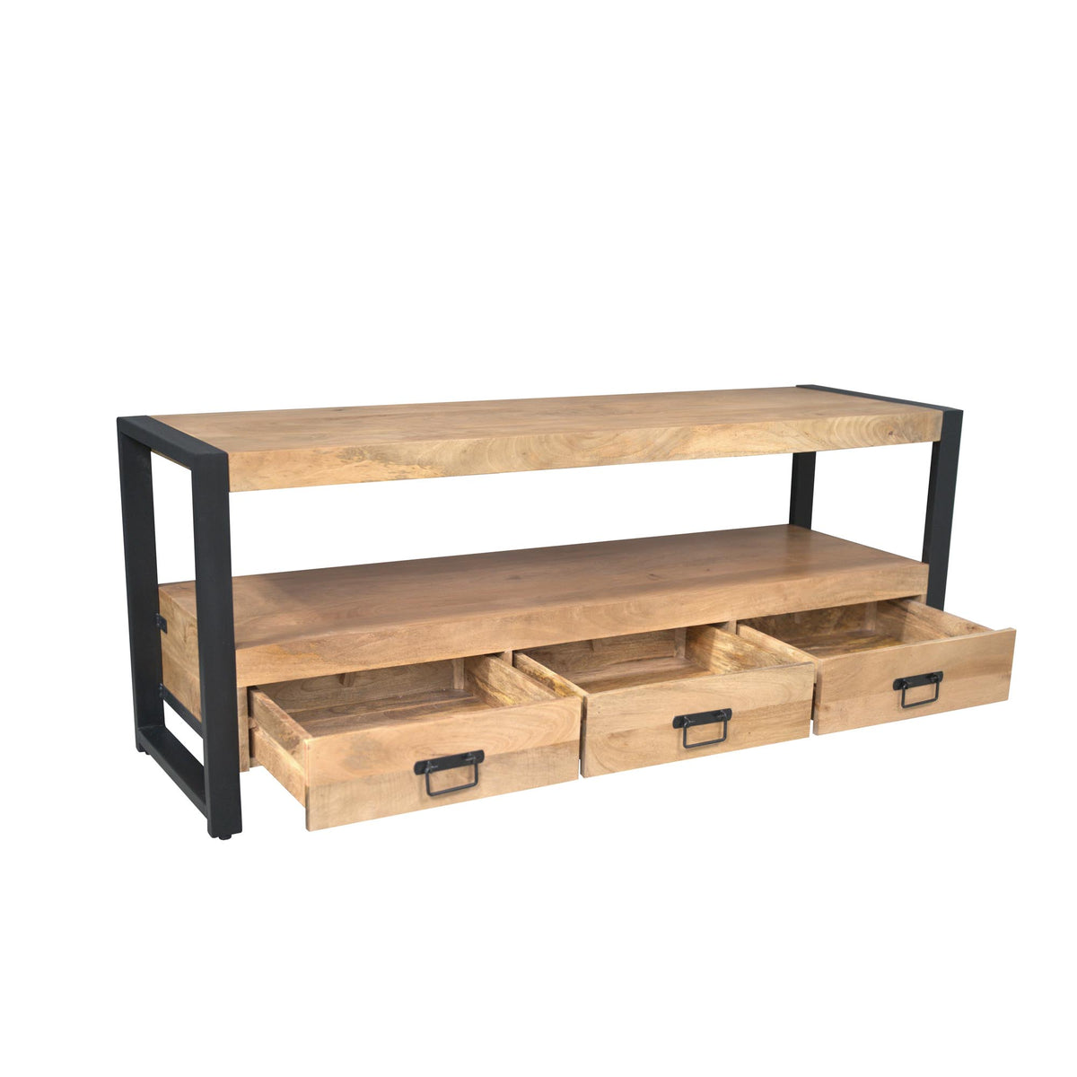 Tv-meubel Britt 150 cm met eikenlook blad, open vakken en drie lades