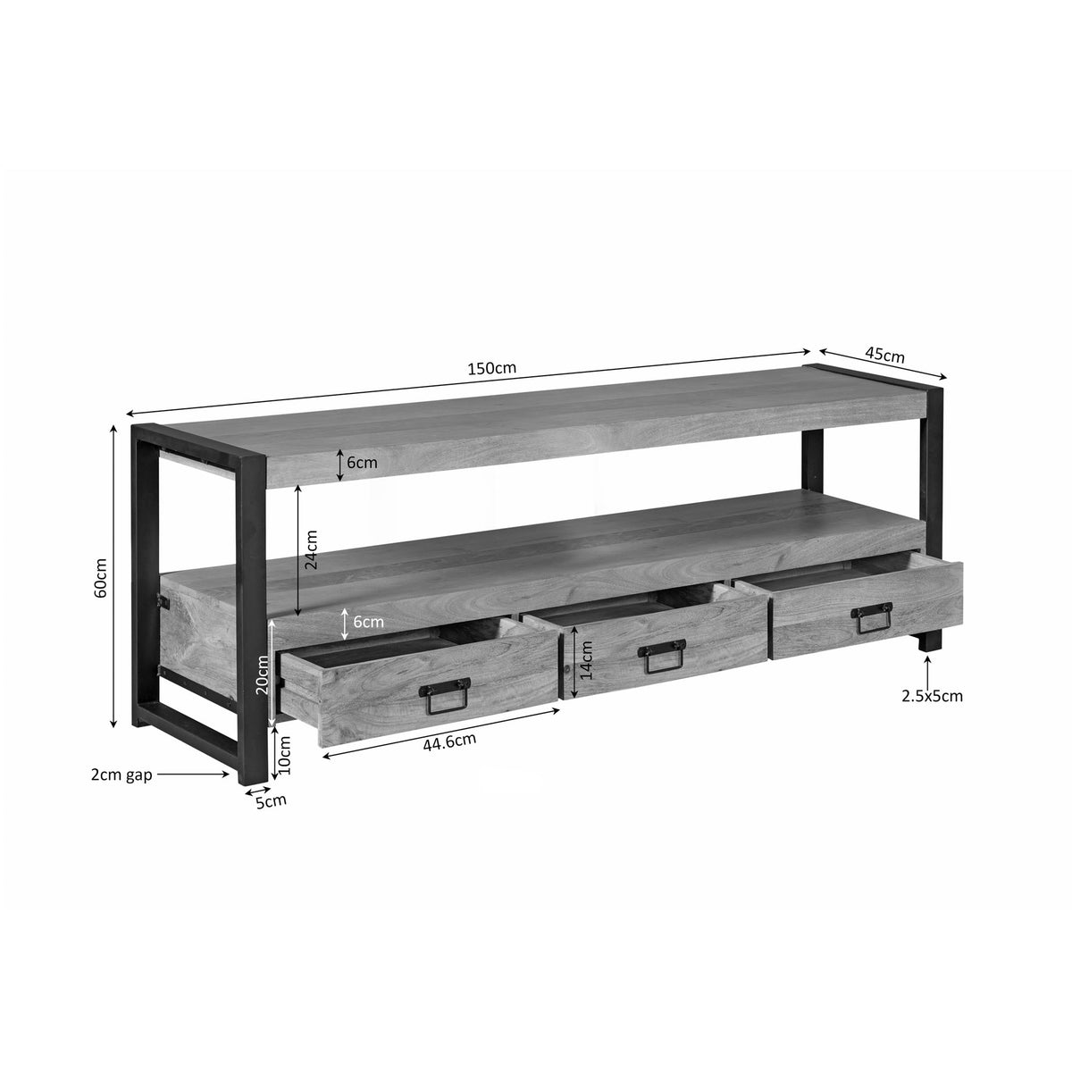 Tv-meubel Britt 150 cm met afmetingenoverzicht, eikenlook blad en drie lades