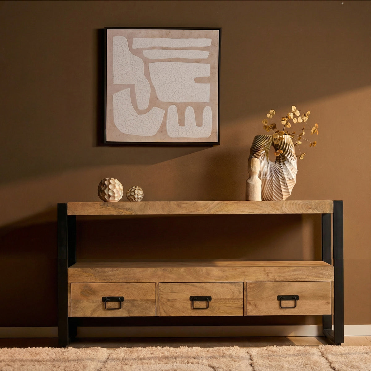 Tv-meubel Britt 150 cm met eikenlook blad, open middenplank en drie lades