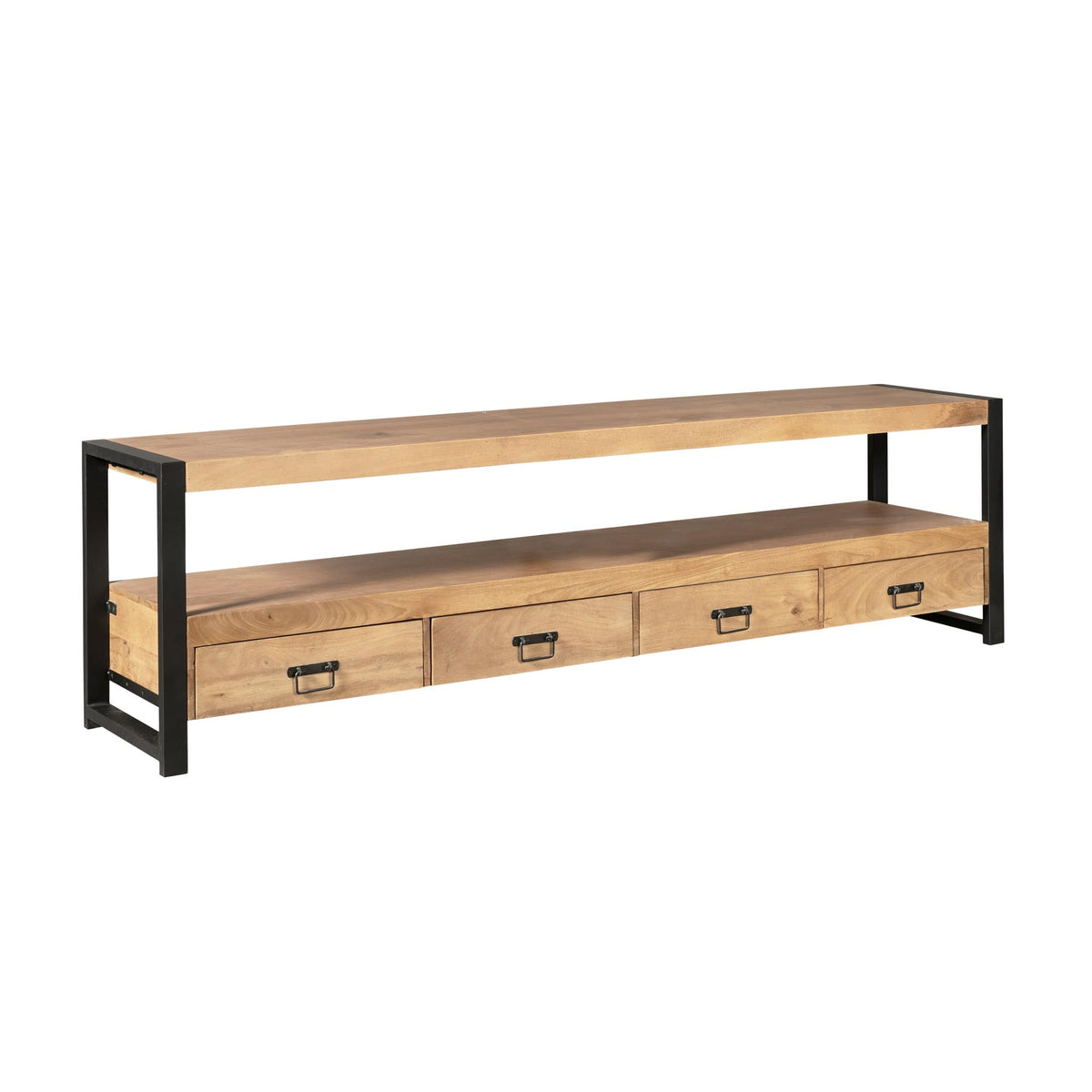 Tv-meubel met licht eiken blad, zwart frame en 4 laden met metalen greepjes.