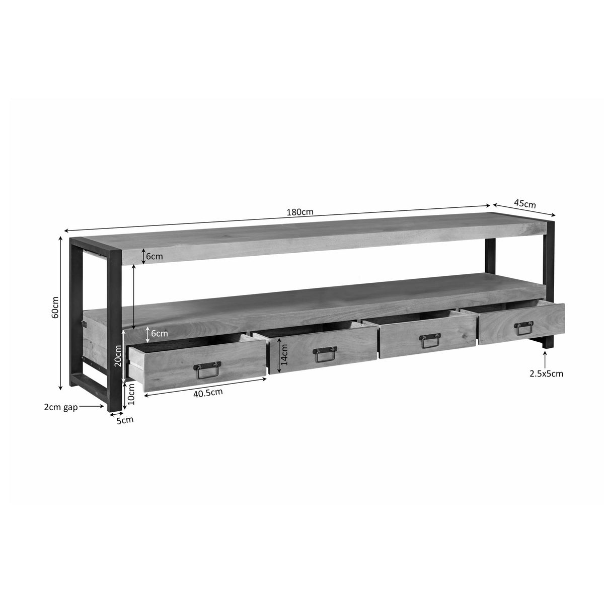 Tv-meubel-afmetingen: 180 cm lengte, 45 cm hoogte en 4 laden met greepjes.