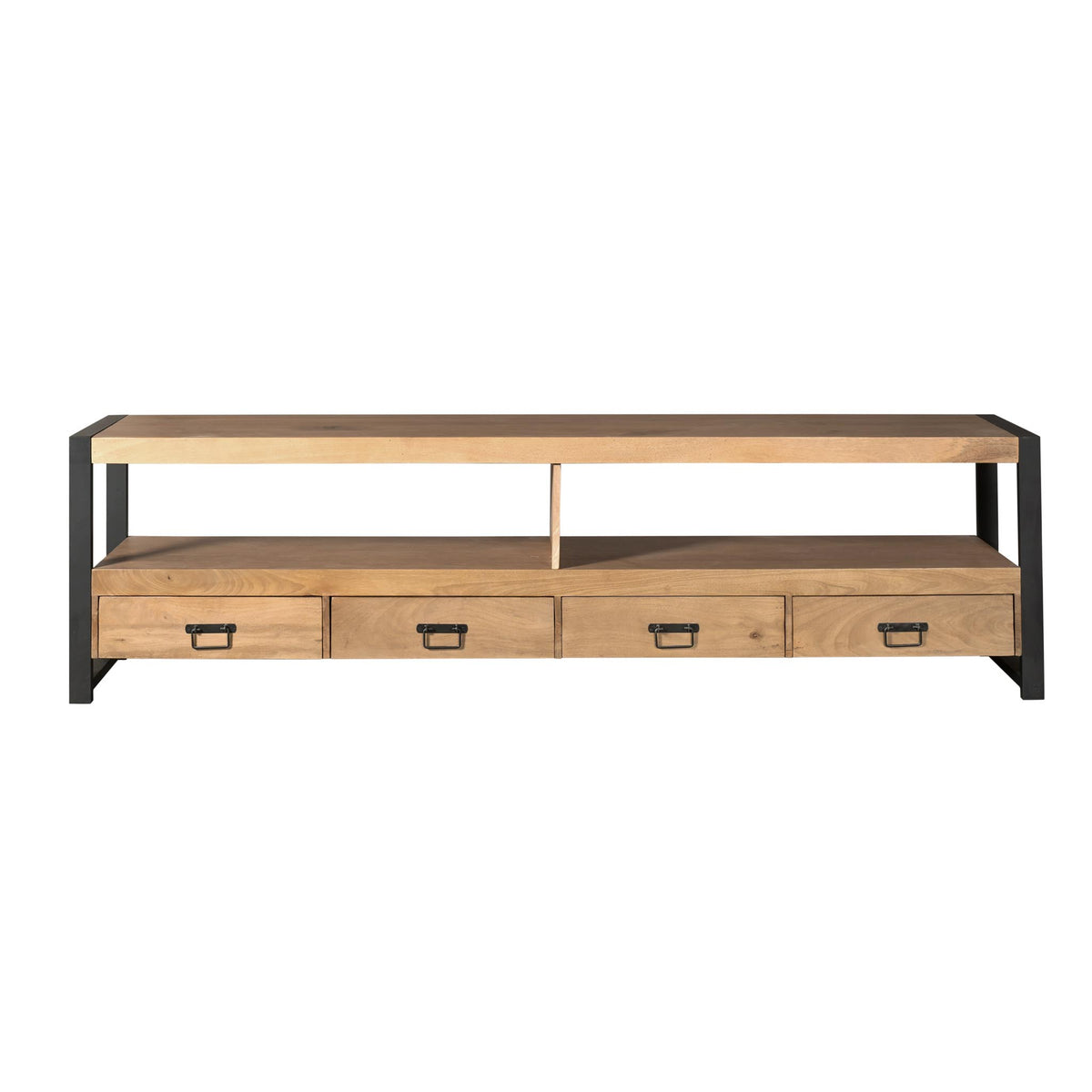 TV-meubel met lichtbruin hout, zwart frame en 4 laden met zwarte greepjes.