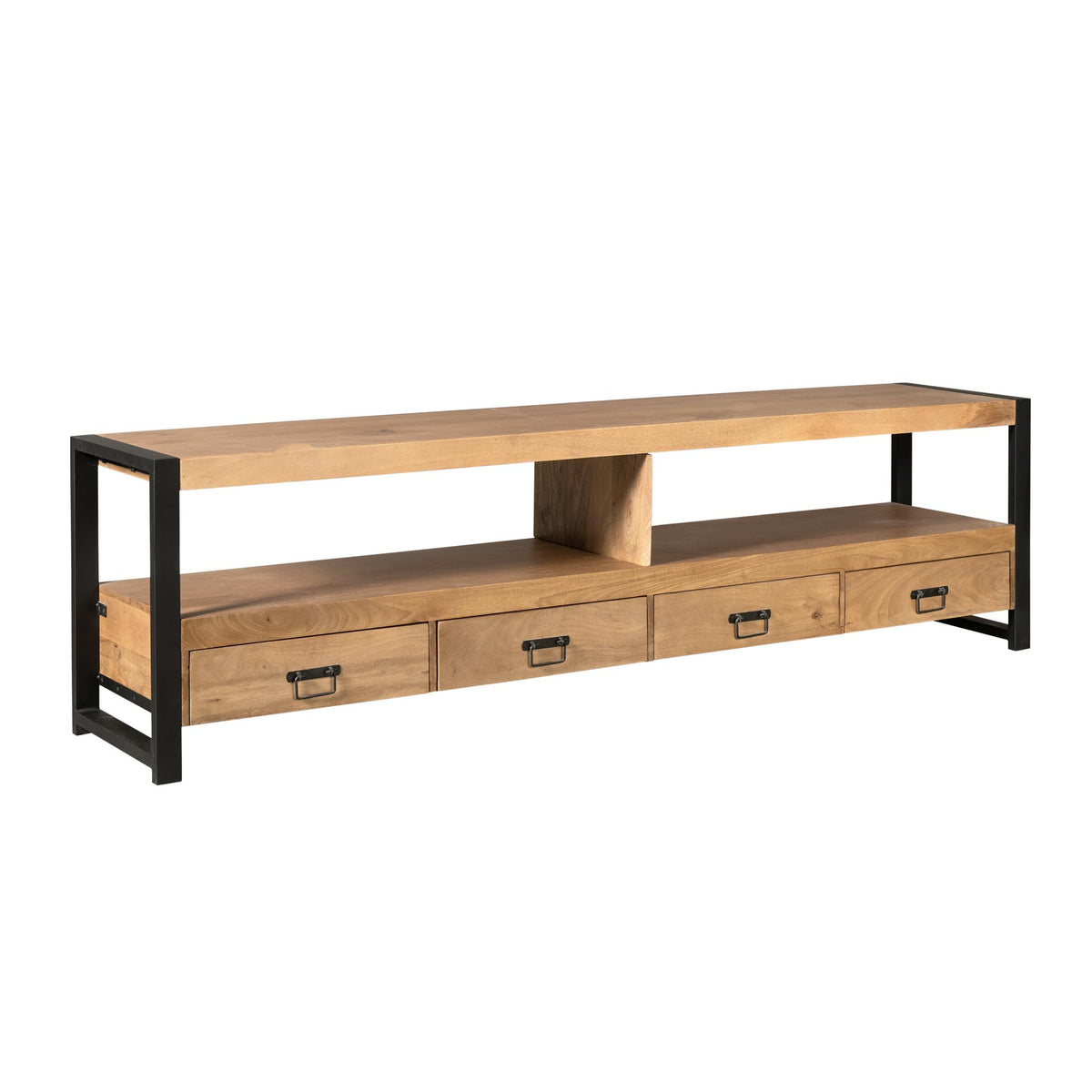 TV-meubel met open middenvak en meerdere laden, lichtbruin hout met zwart metalen frame.