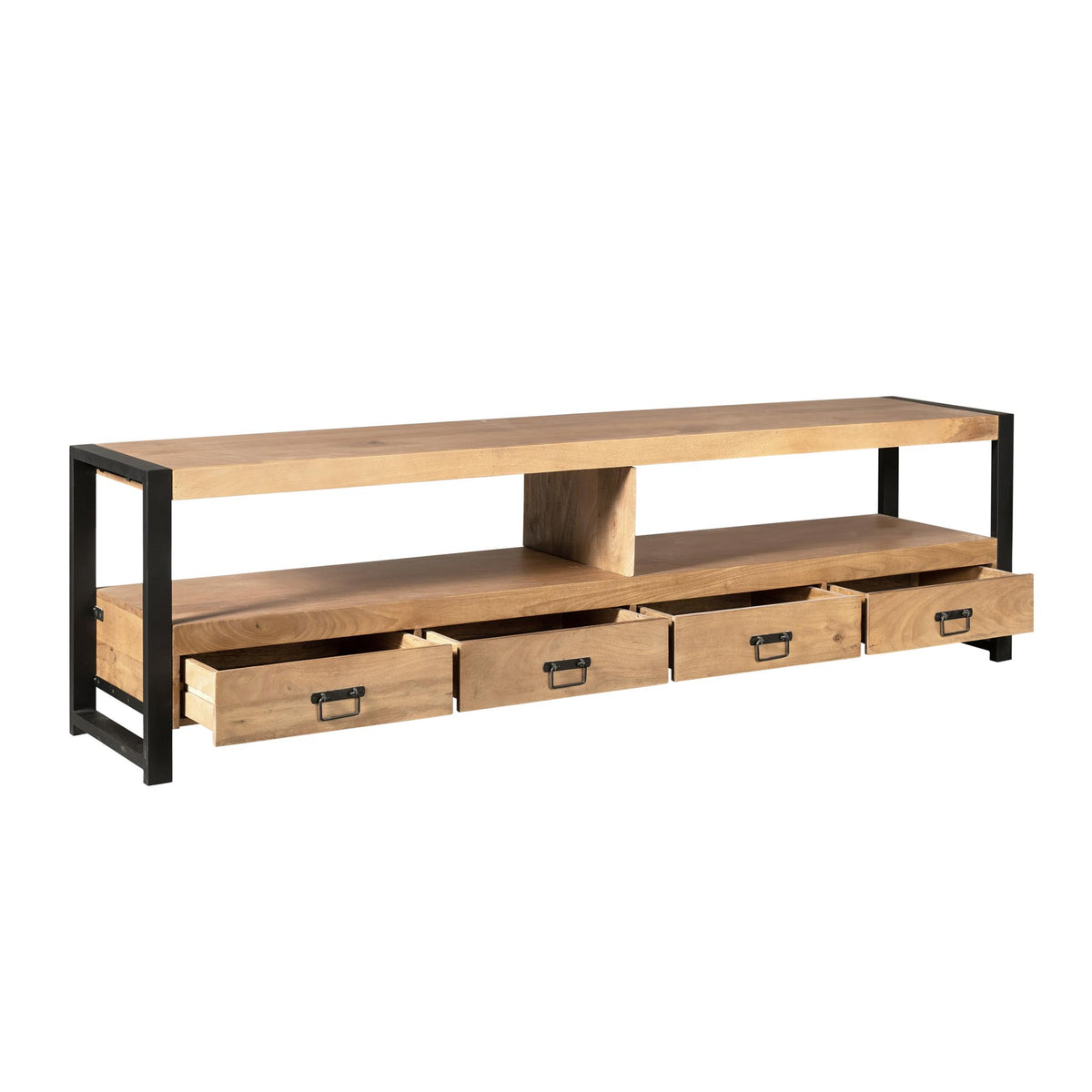 TV-meubel met open plank en meerdere schuiflades, lichtbruin hout en zwarte poten.
