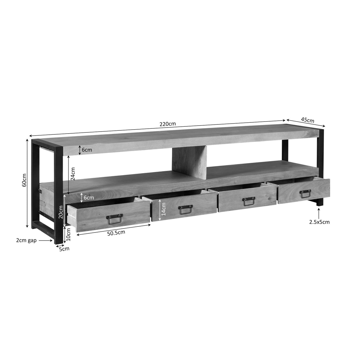 TV-meubel met open vak en meerdere laden; afmetingen zichtbaar (220 cm breed).