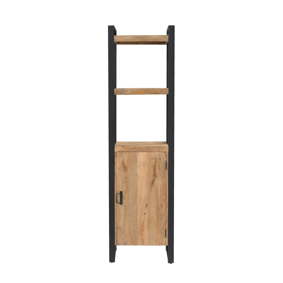 Boekenkast met houten schappen en deur, zwart metalen frame, 55 cm hoog.