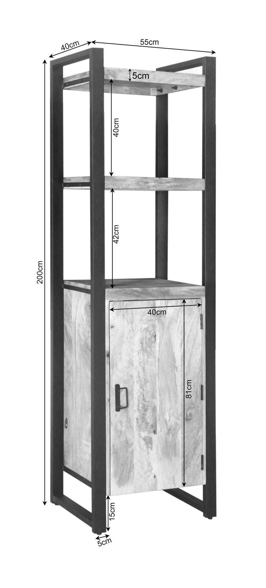 Boekenkast met technische tekening en afmetingen; breedte 55 cm, hoogte ca. 200 cm.