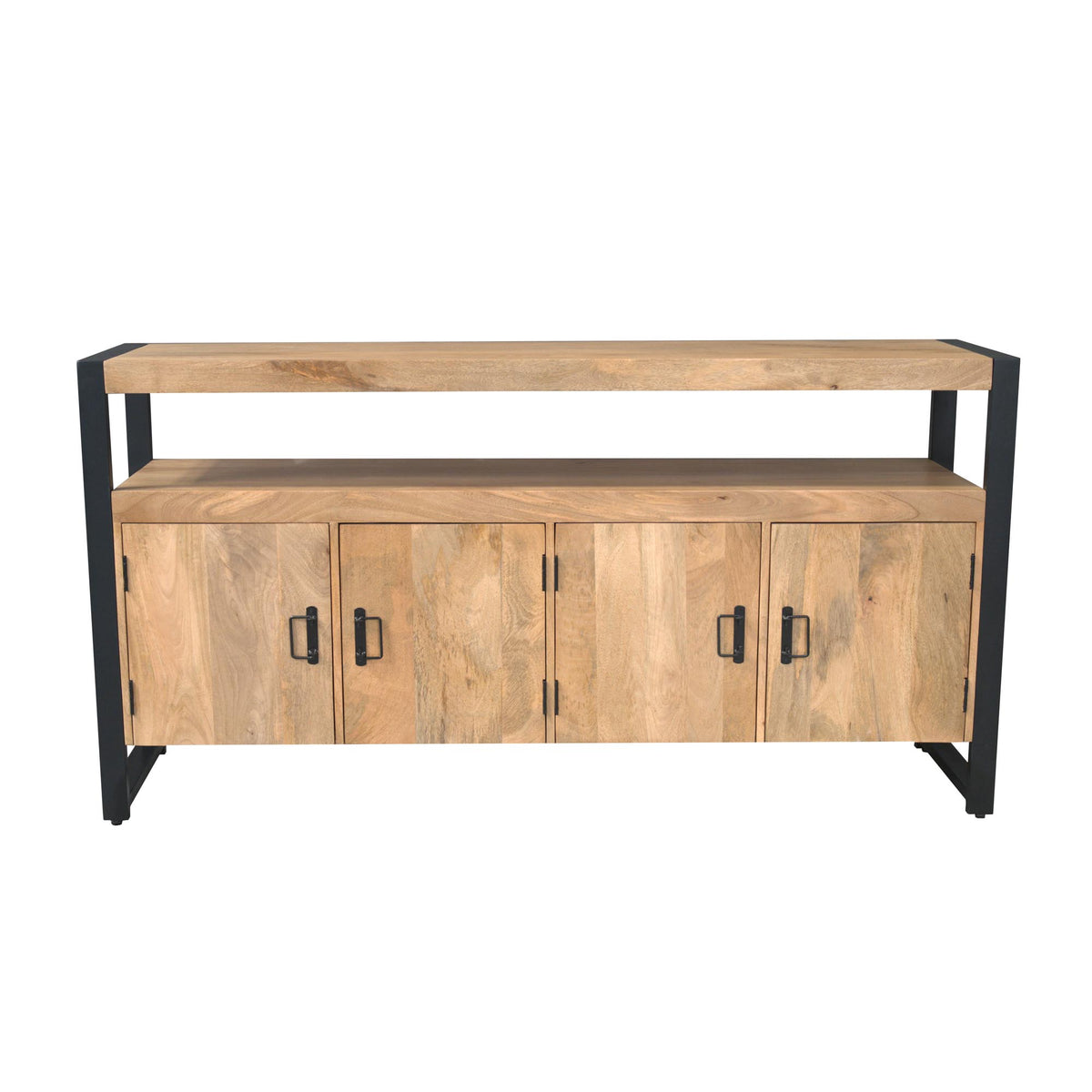 Dressoir met houten front, zwart frame en metalen grepen, vier deurtjes.