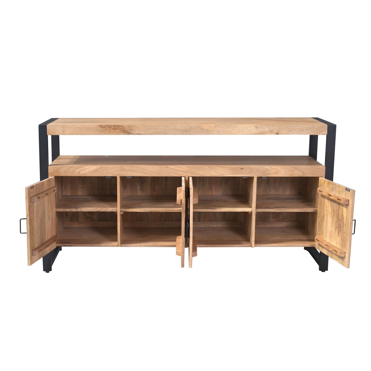 Dressoir met open deuren en binnenvakken, houten blad en zwart metalen onderstel.