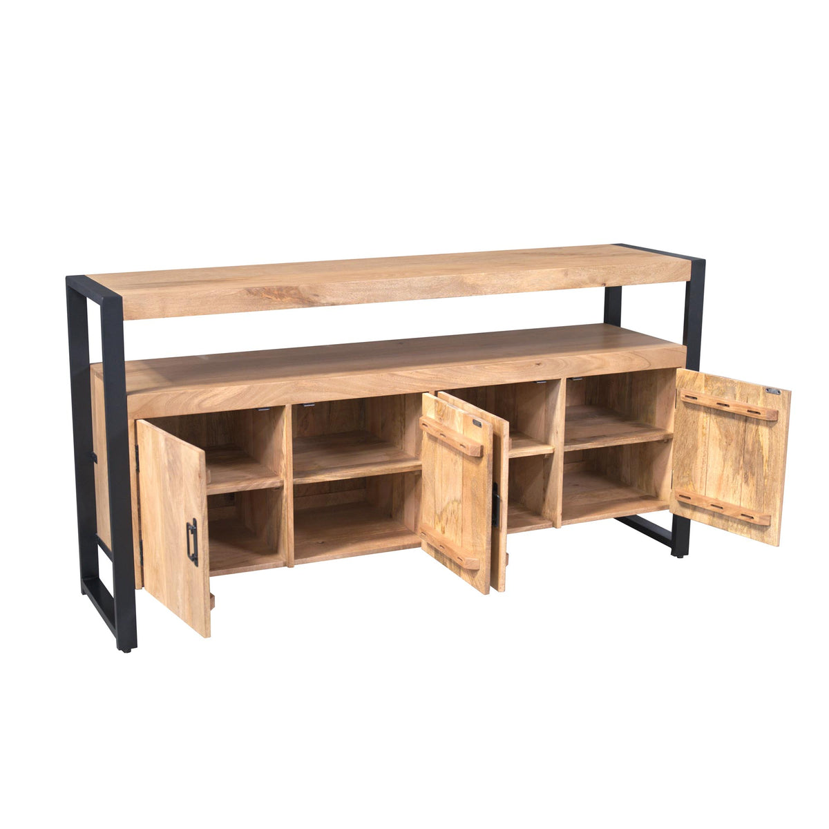 Dressoir met open deur links, zichtbare binnenvakken, houten blad en zwarte poten.