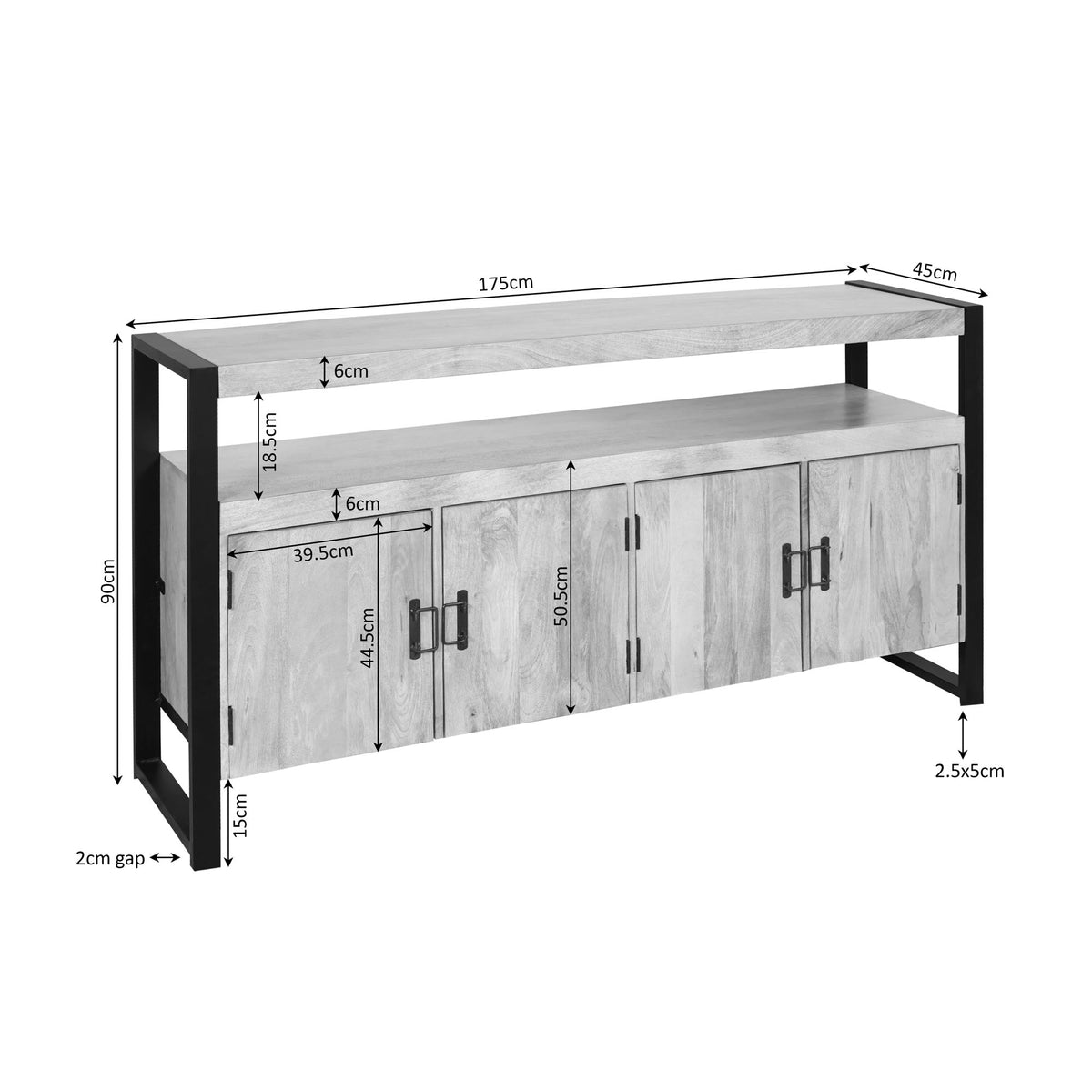 Dressoir maatvoering: 175 cm breed, houten front met metalen grepen, zwart onderstel.