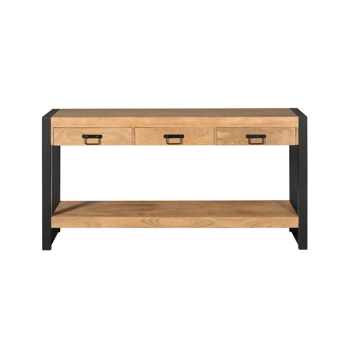 Bijzettafel met drie lades en onderste plank, licht hout met zwarte poten