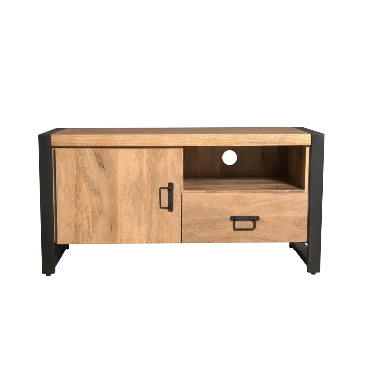 Tv-meubel met houtlook deur en open vak, zwart frame en rond kabelgat boven