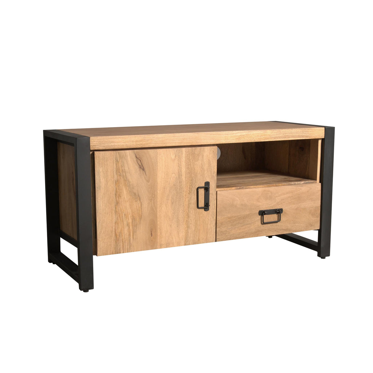 Tv-meubel in houtlook met deur, open vak en lade, zichtbaar zwart metalen frame