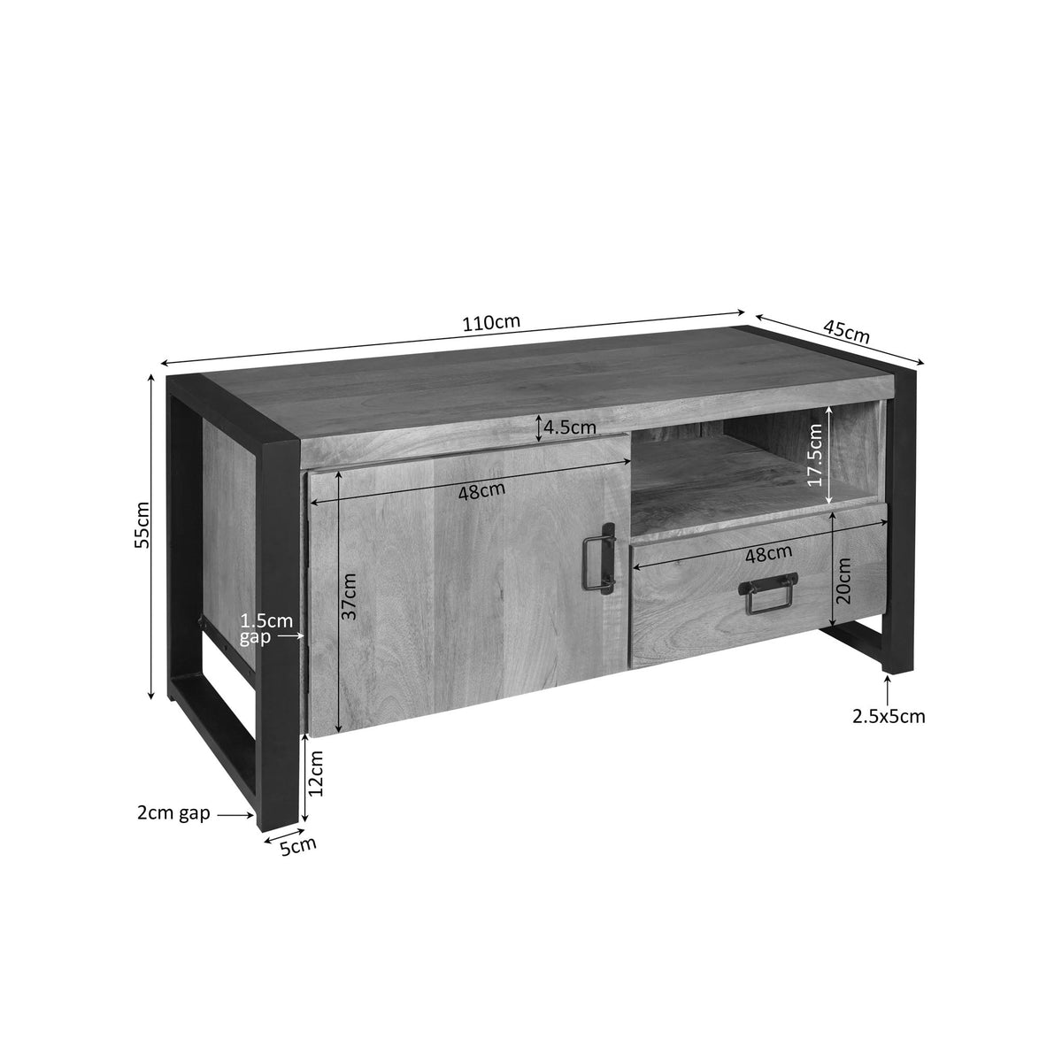 Technische tekening van tv-meubel met deur en open vak, afmetingen 110 cm breed