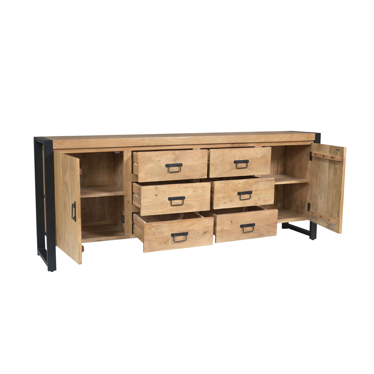 Dressoir eikenlook met open deuren en binnenvakken, meerdere schuifladen.