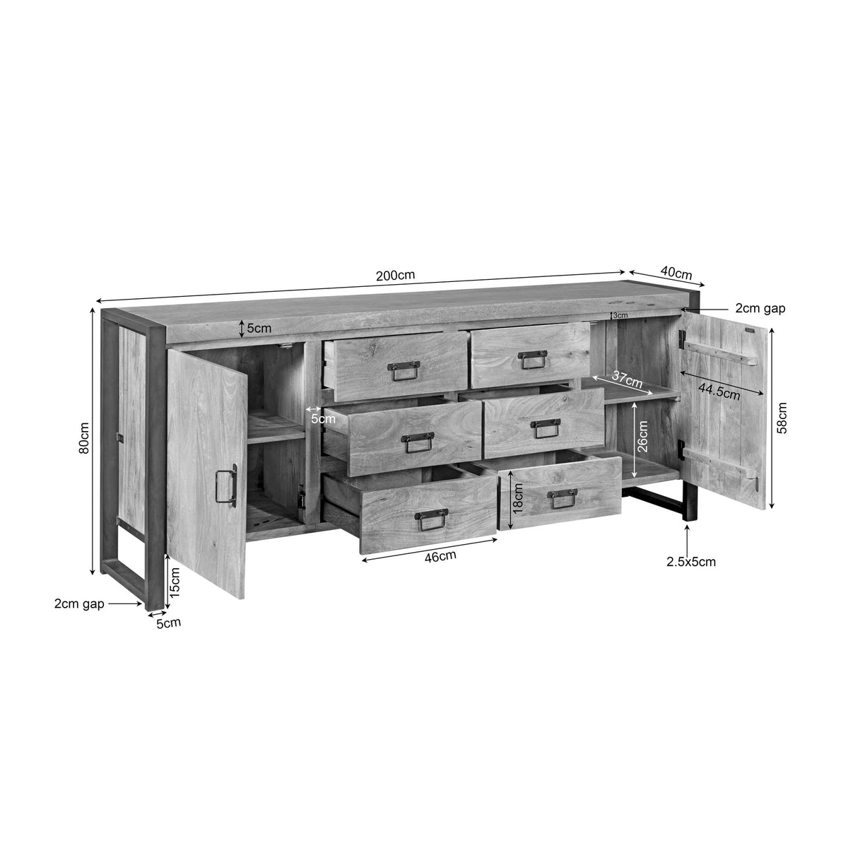 Dressoir eikenlook met afmetingenweergave, breedte 200 cm.