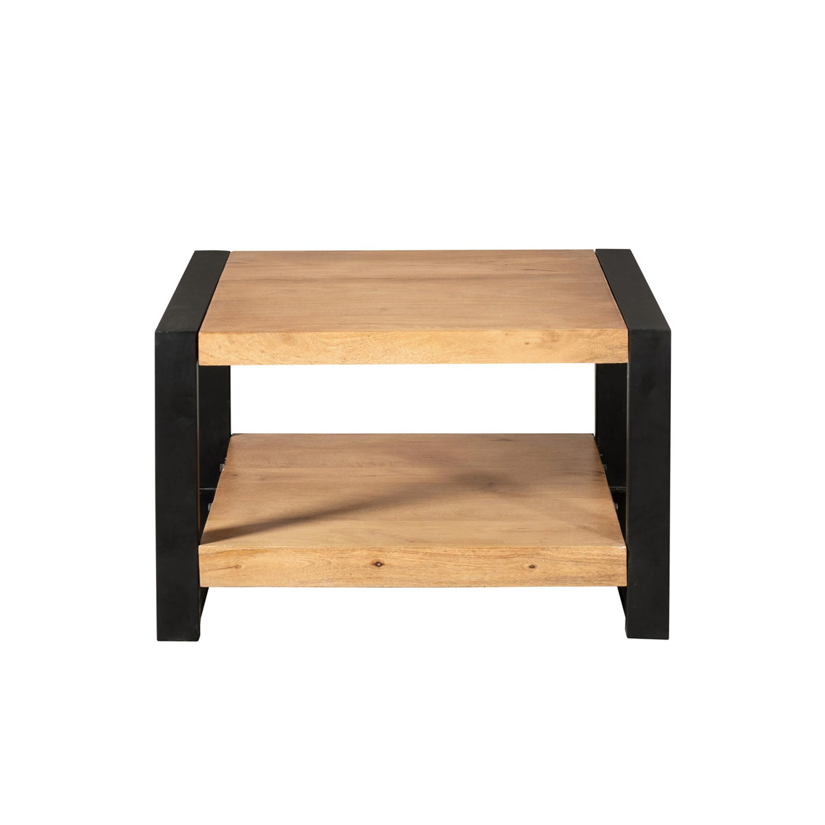 Salontafel met houtkleurig blad en zwart frame, 2 open planken