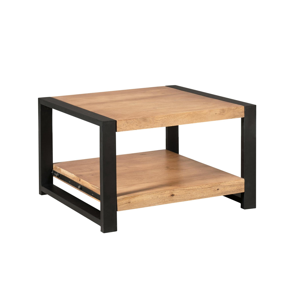 Salontafel hout met zwart frame, onderplank en lade, rechthoekig 80x80