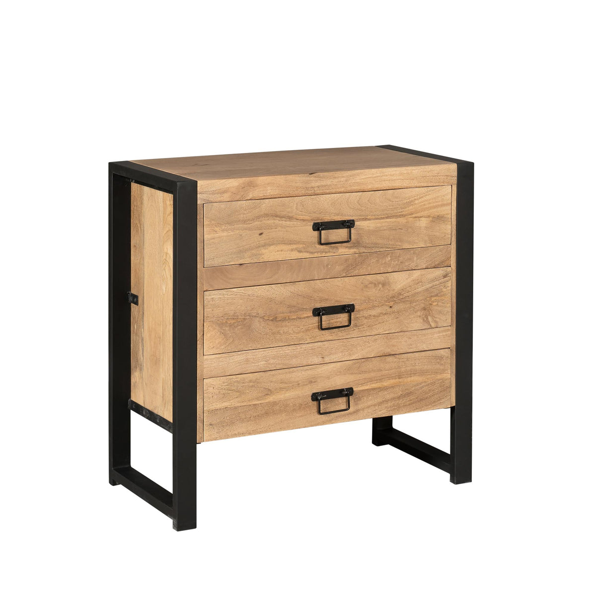 Ladenkast met 3 lades van licht hout, zwarte metalen frame en open zijdeur.