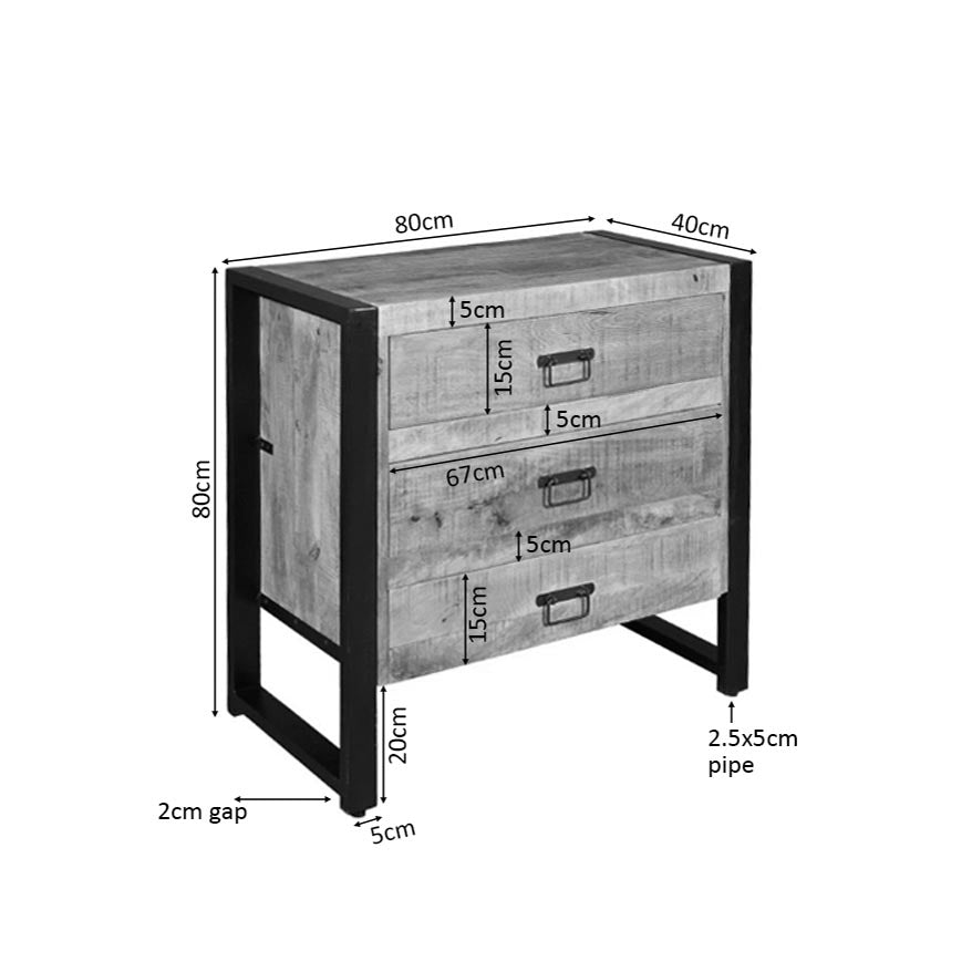 Ladenkast met 3 lades, afmetingen 80×40×80 cm en pootmaat 2,5×5 cm.