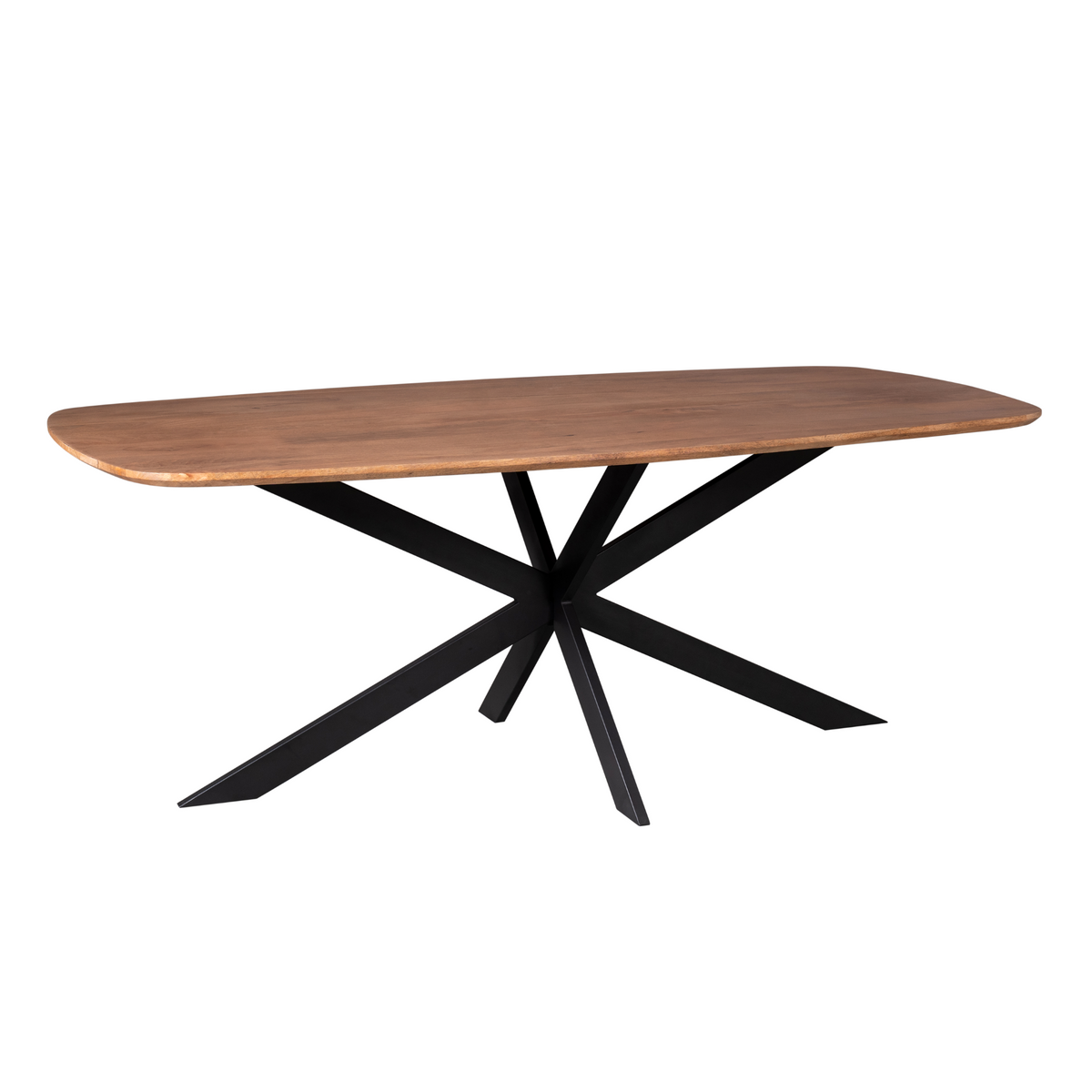 Ovale eettafel met licht houten blad en zwart kruis-onderstel