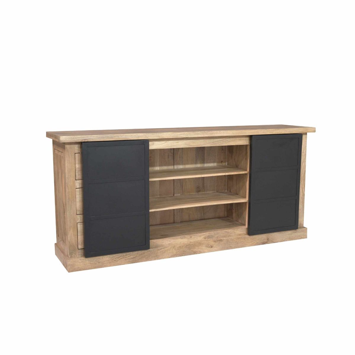 Eikenlook dressoir met zwarte deuren en zijladen, houten bovenblad, 200 cm