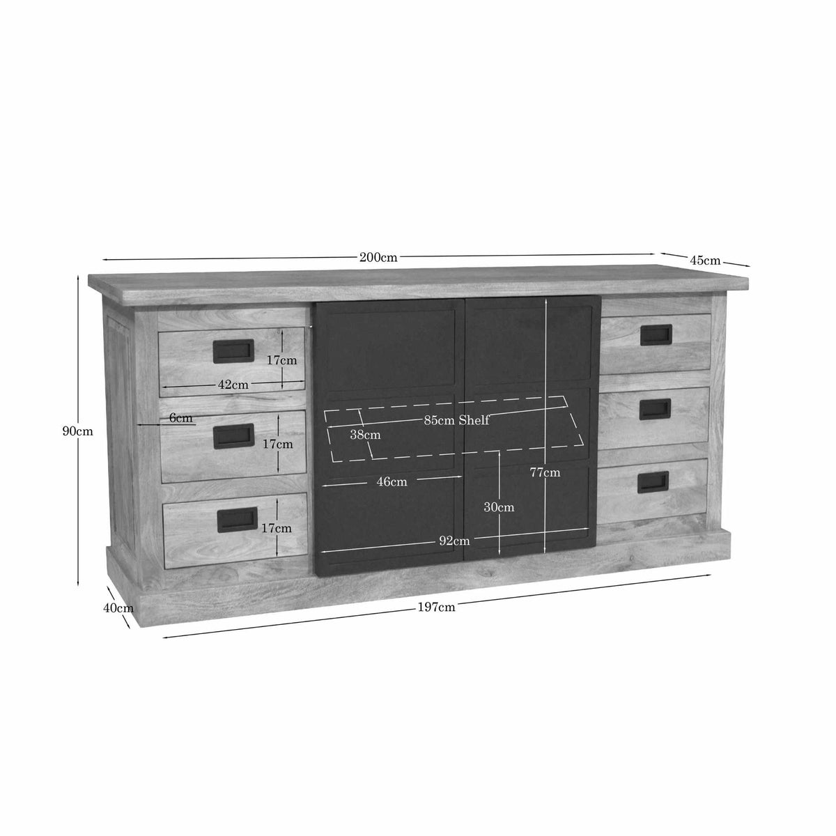 Dressoir met zwarte paneeldeuren en laden, eikenlook, met afmetingen 200 cm breed