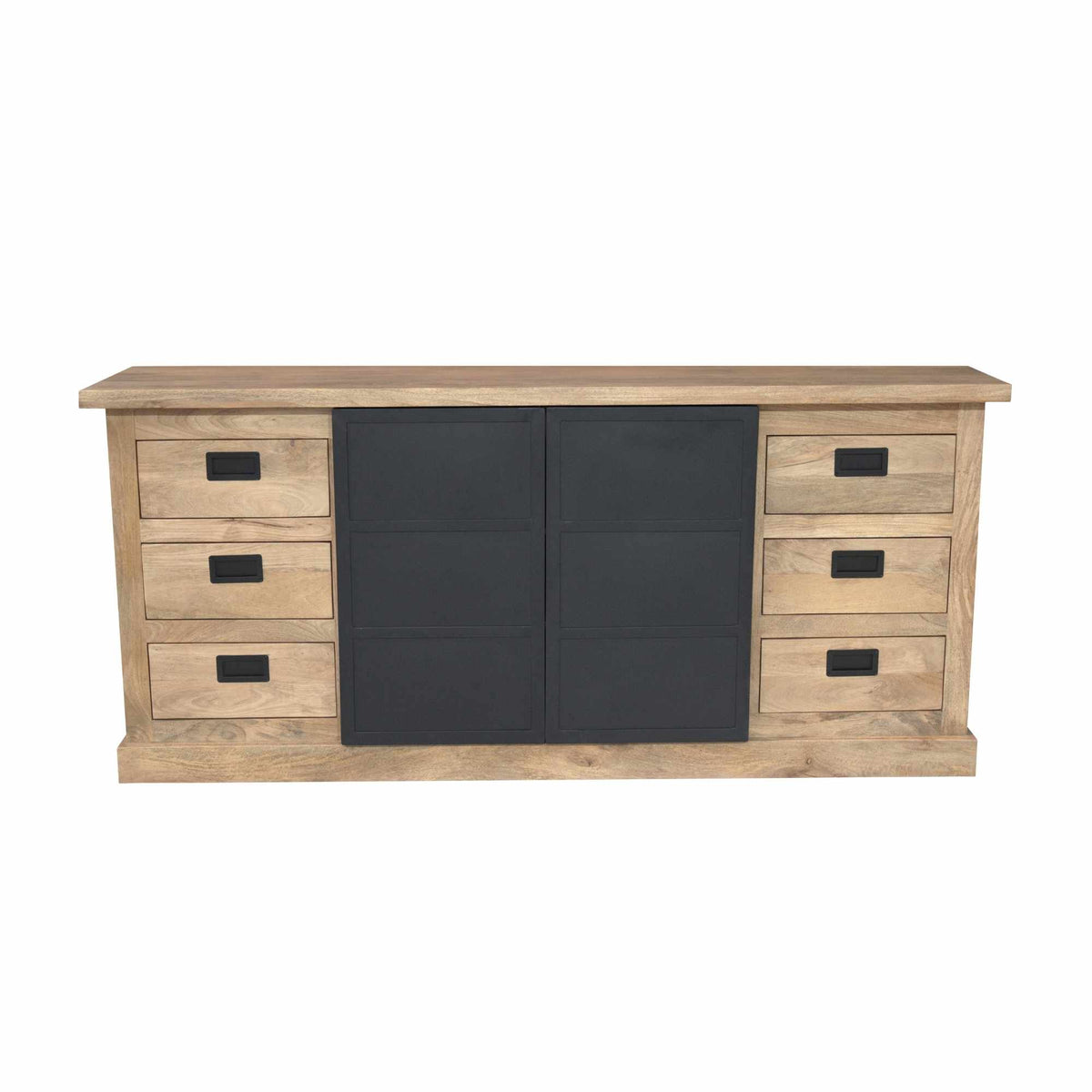 Dressoir frontaanzicht met eikenlook panelen, zwarte middenvakken en 6 laden met zwarte grepen
