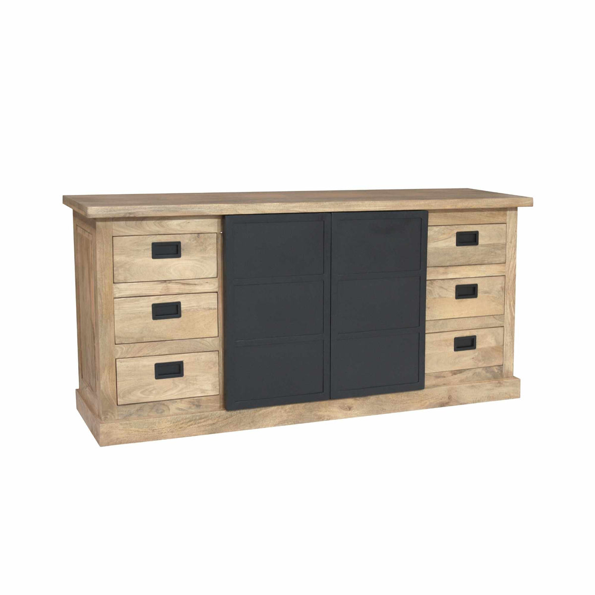 Dressoir met twee zwarte paneeldeuren, eikenlook laden en houten bovenblad, zijkantansicht