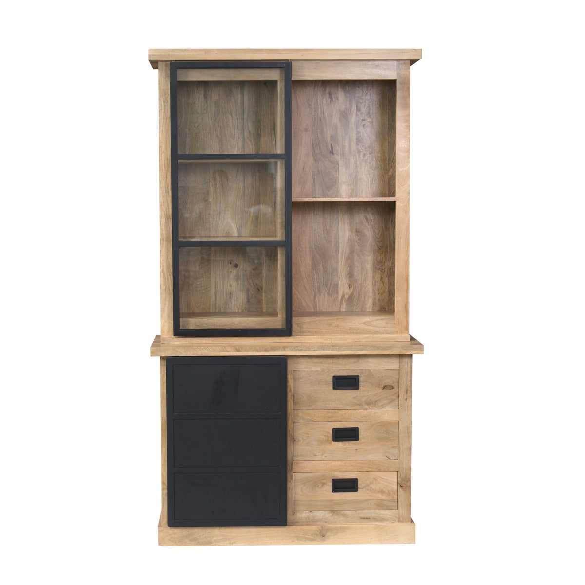 Vitrinekast Noa met glazen vakken en houten onderkast, zwart en licht hout.