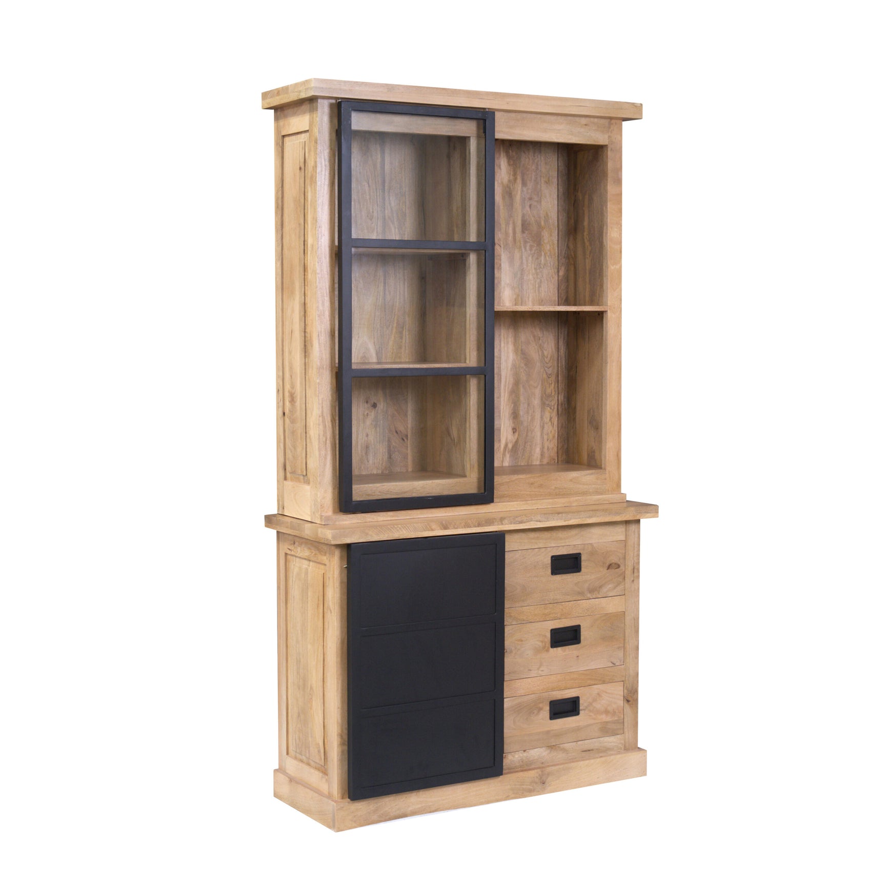 Vitrinekast Noa met open vakken achter glas en zwart ladeblok, licht hout.