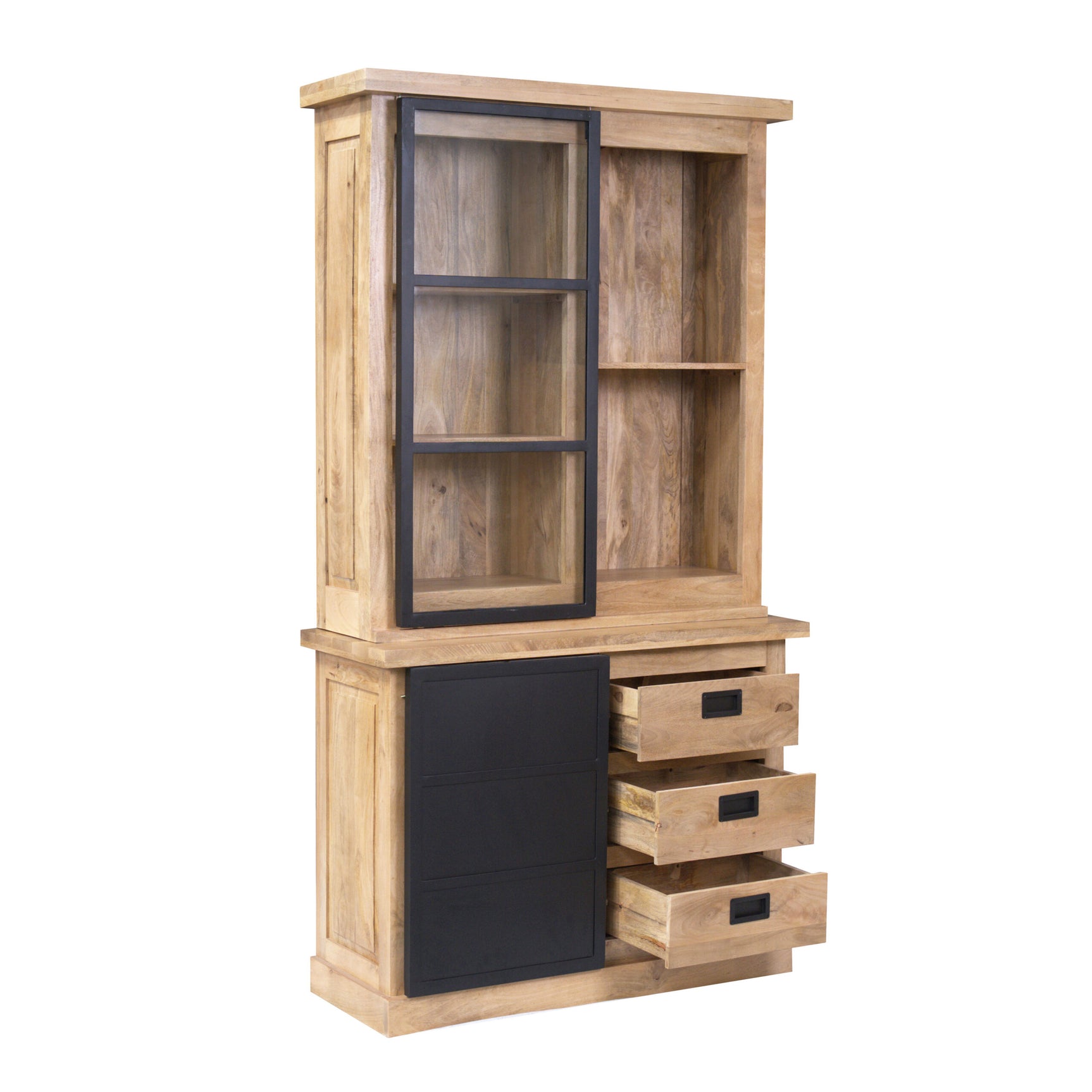 Vitrinekast Noa met glazen kastdeel en houten lades, zwart paneel, licht hout.