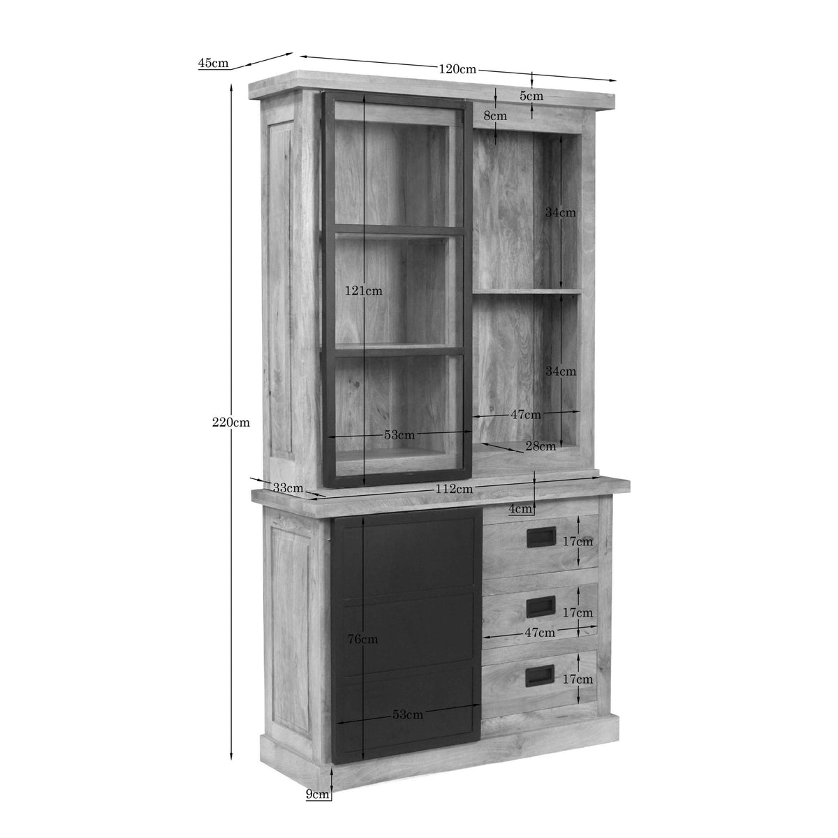 Vitrinekast Noa 120 cm, maatvoering met vakken en laden in één kast.