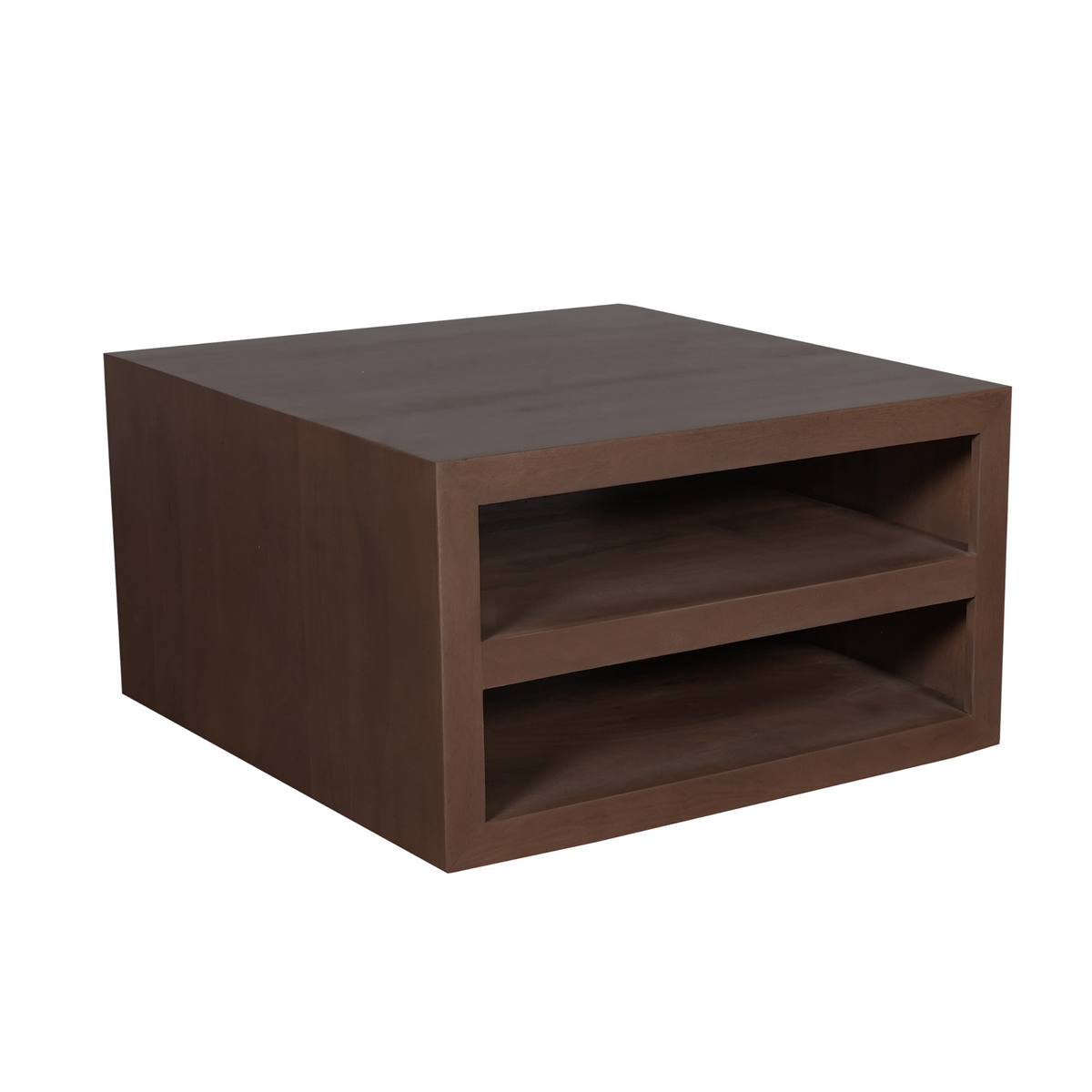 Walnoot salontafel met open opbergruimte en twee zichtbare planken