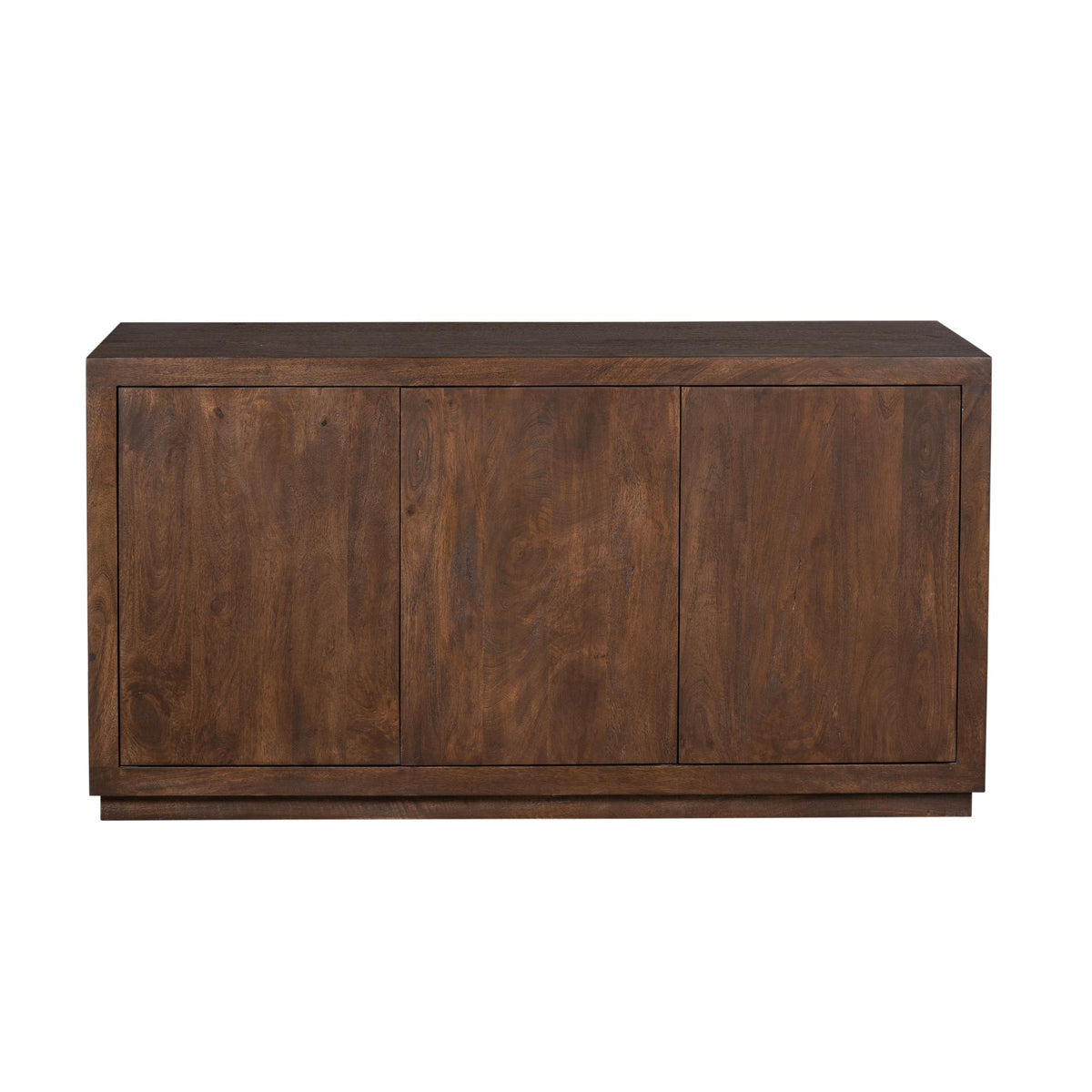 Bruin dressoir met drie deuren; strak rechthoekig ontwerp