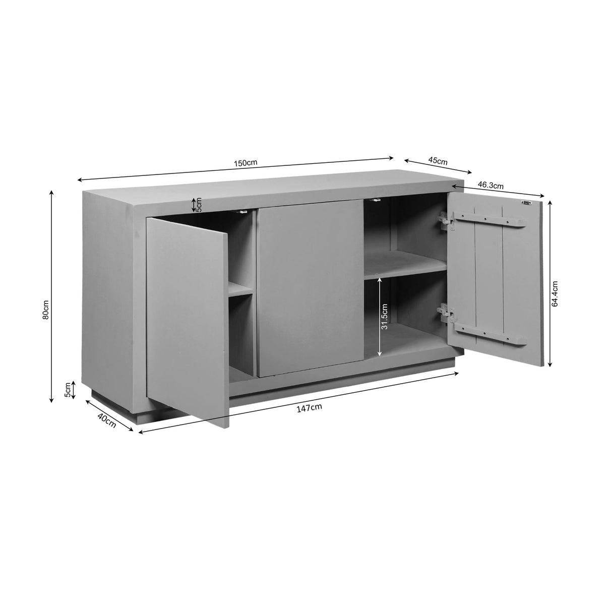 Bruin dressoir met afmetingenoverzicht en open deurdetails