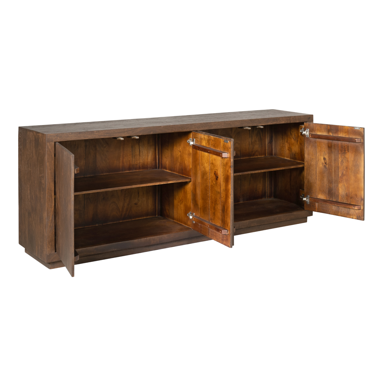 Bruin houten dressoir met open vakken en scharnierende deuren