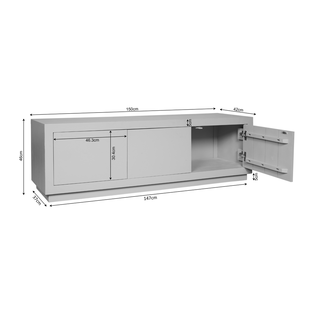 Tv-meubel met afmetingen 150 cm breed, 42 cm hoog en 47 cm diep, open front