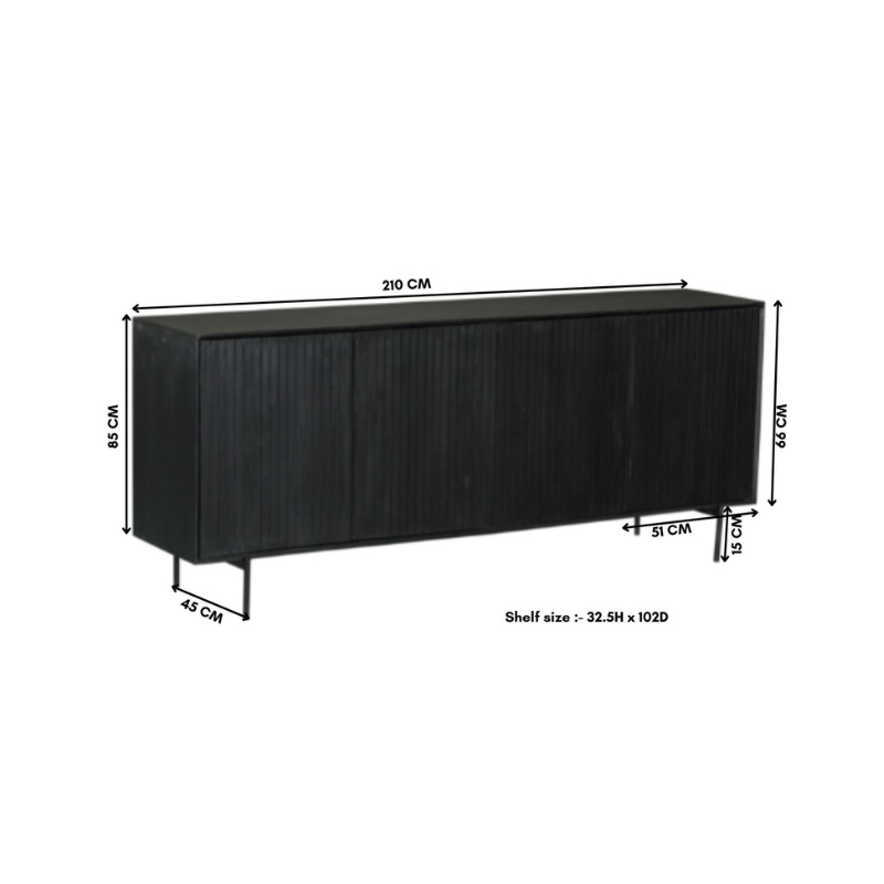 Zwart dressoir met maatvoering 210×85×45 cm en geribbelde deuren