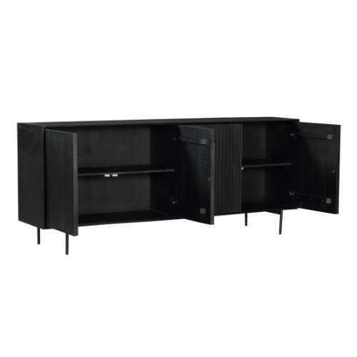 Donkerhouten dressoir met twee open deuren en zichtbare planken