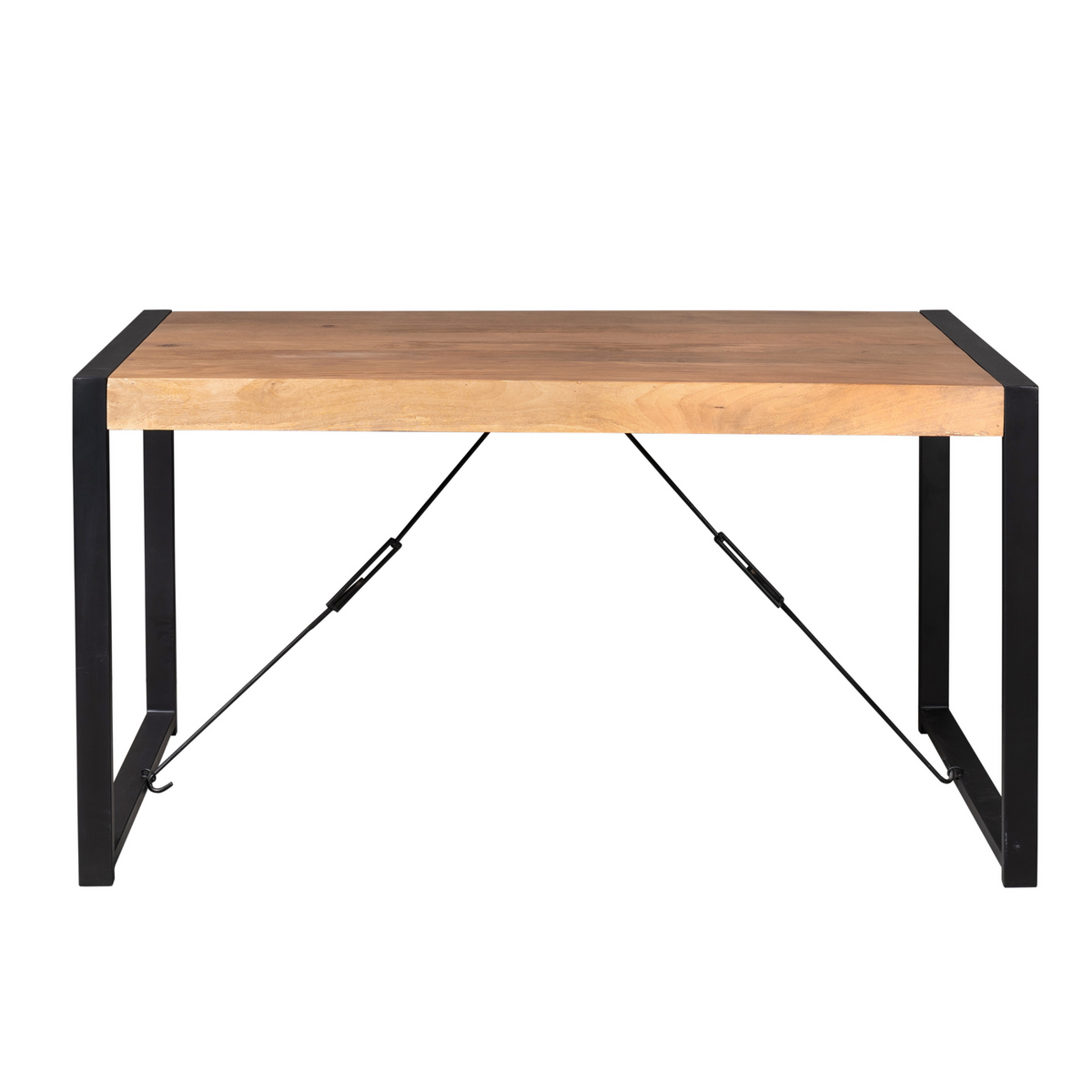 Eettafel met lichtbruin houten blad en zwarte metalen poten, onderstel met steunen